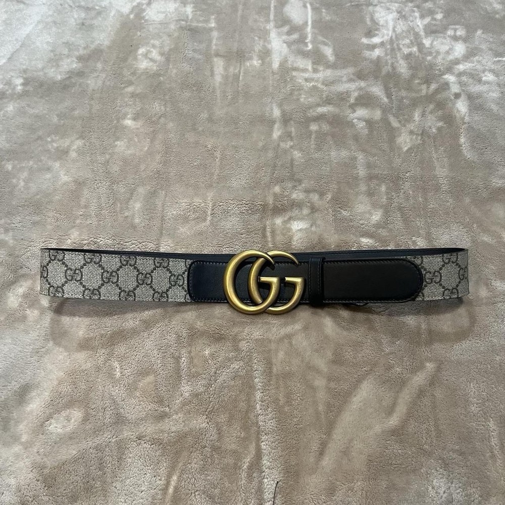 Womens Gucci Monogram Belt with Gold GG Buckle