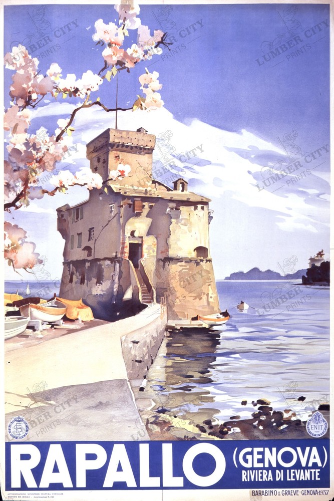 Rapallo Genova Italian Riviera Travel Poster 1937 Castle Art Print Retro