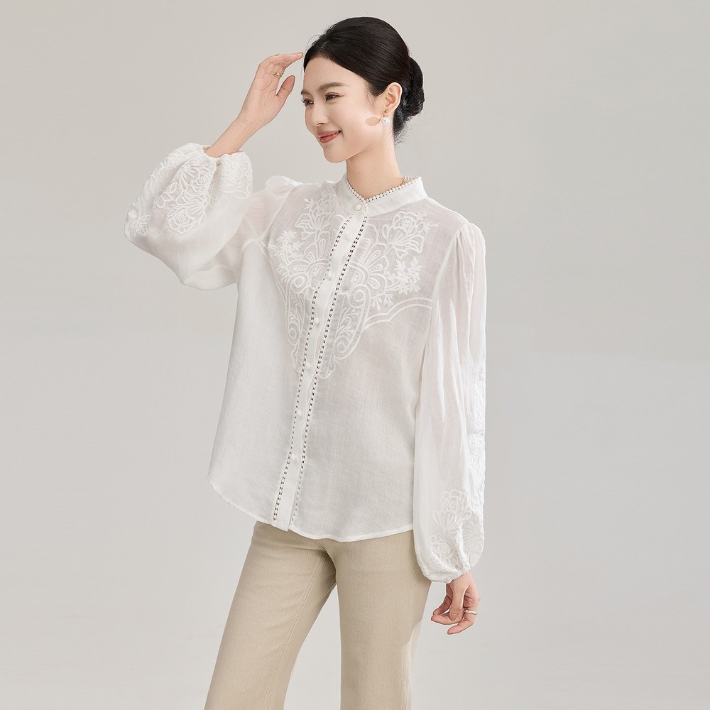 Women's Linen Embroidery Puff Sleeve Lightweight Blouse Spring Summer OL Shirts