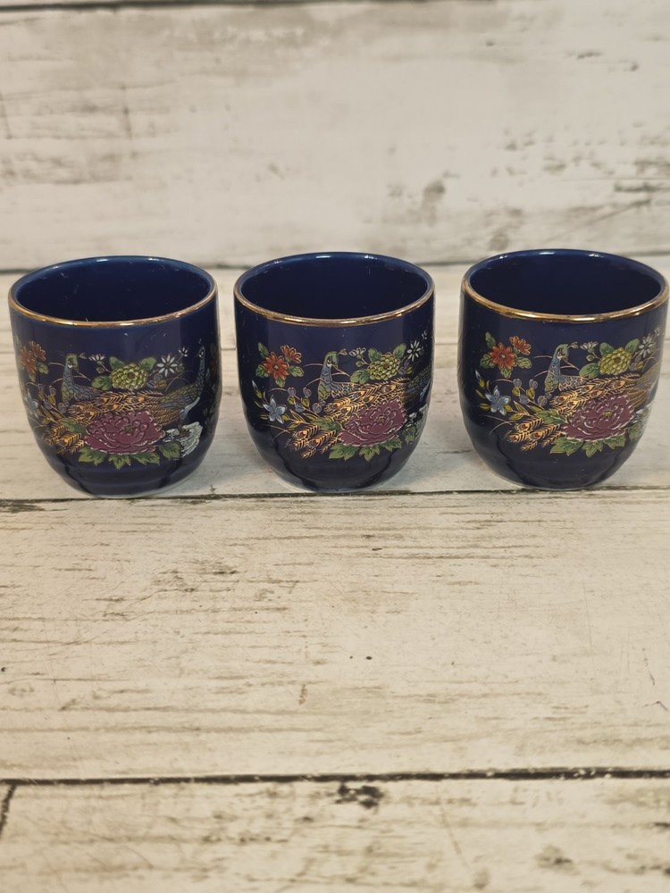 Vintage Kutani Japanese Sake Cups Set of 3 Cobalt Blue Gold Peacock Floral