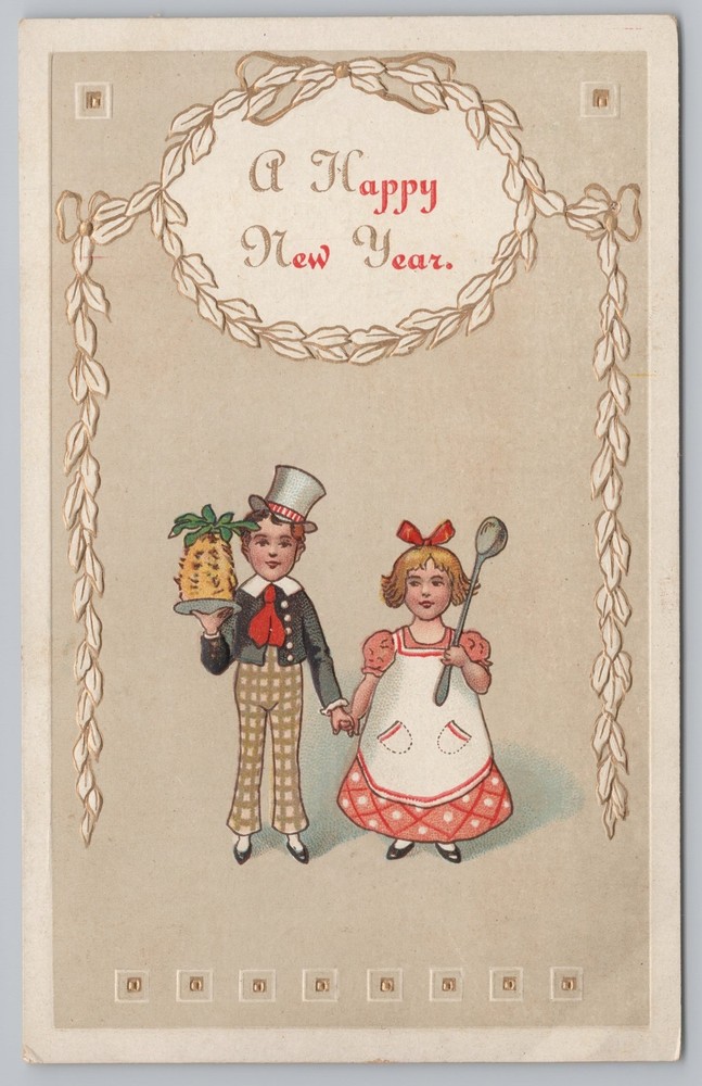 Holiday~Boy With Pineapple & Girl With Spoon~New Year Greeting~Vintage Postcard