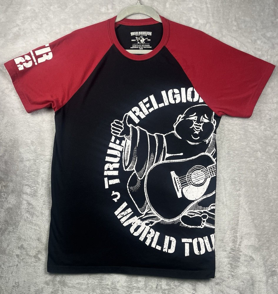 TRUE RELIGION Shirt lBlack Red PART BUDDHA Short Sleeve Designer Raglan T-shirt