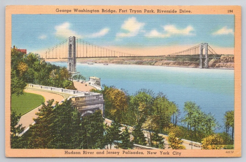 NYC George Washington Bridge Hudson River Fort Tryon Park Linen Postcard