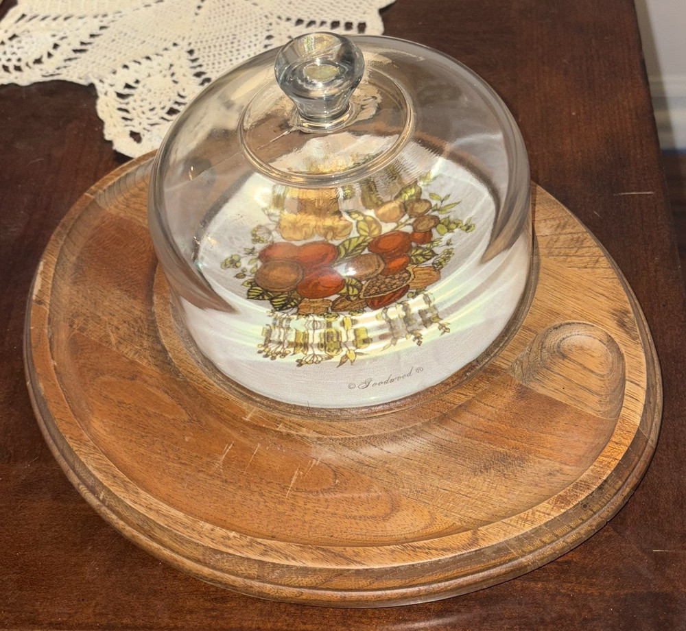 Goodwood Round Wood Serving Tray w/Glass Dome Lid 10in Floral