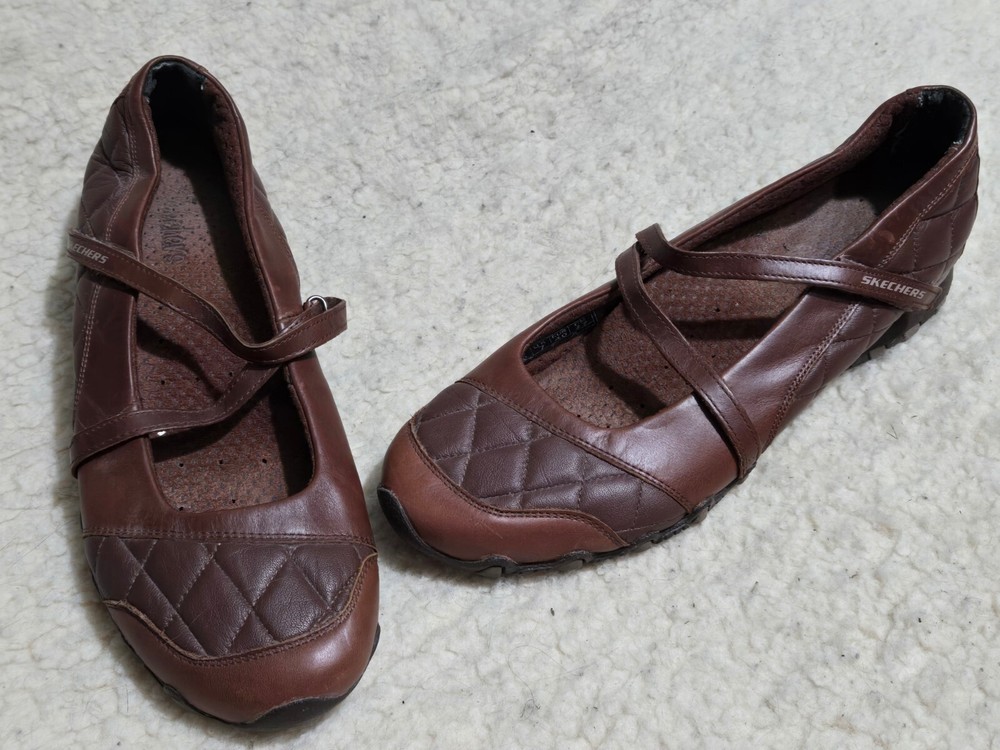 Skechers Quilted Mary Jane Biker Shoes Women Size 10 Comfort Leather Brown 21438