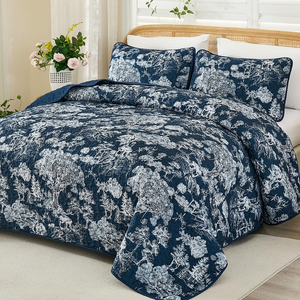 Quilt Set Queen Size,3 Pieces Navy Blue Floral Plants Printed Bedspread Cover...