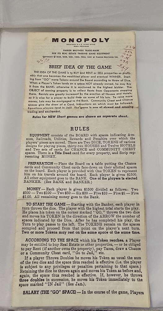 Vintage Monopoly Rules Booklet Parker Brothers 1961 Game Instructions Original