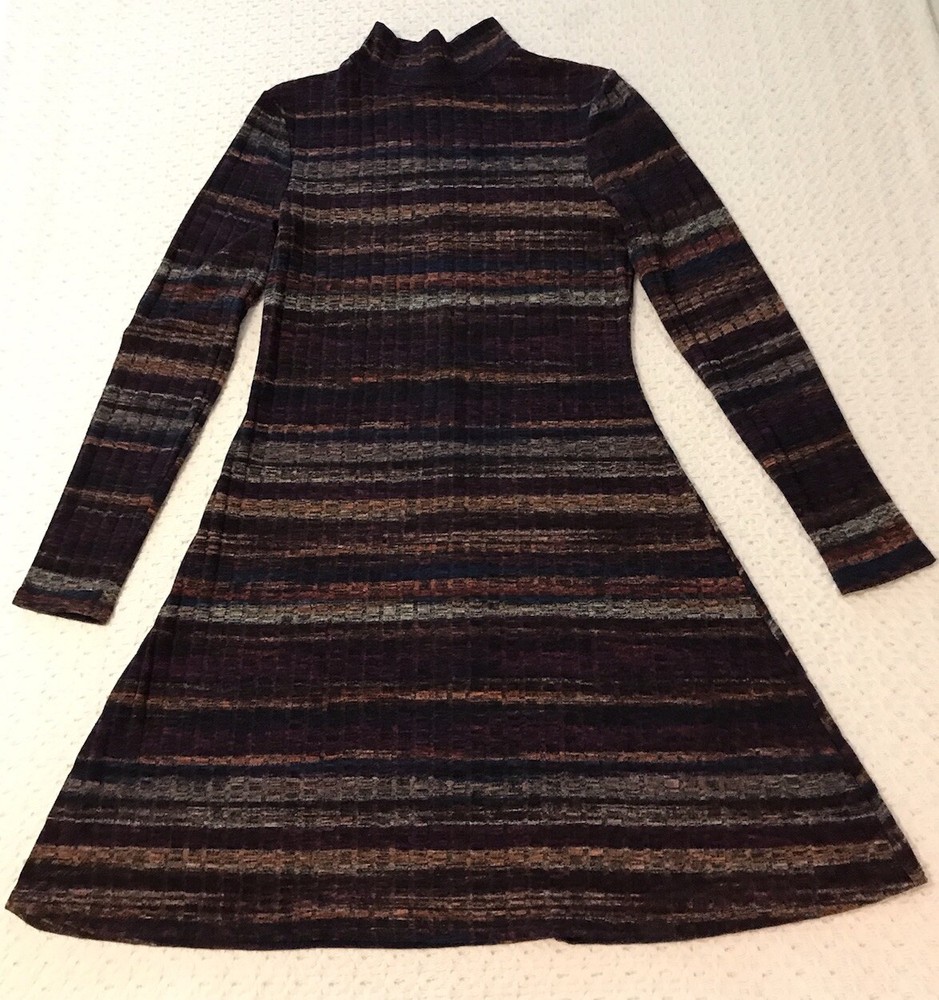 Bebop Sweater Dress Women Large Keyhole Back Striped Turtleneck Stretch Preppy