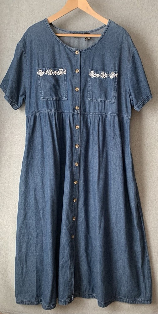 Naqui New York Womens Denim Dress XL Vintage Button Modest Embroidered Cotton
