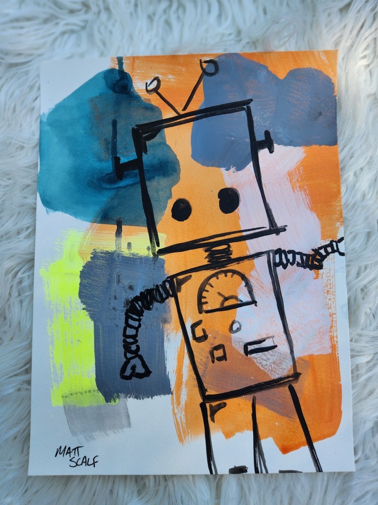 Matt Scalf Abstract Robot Graffiti Street Art Modern Face 9x12 ORIGINAL PAINTING-image