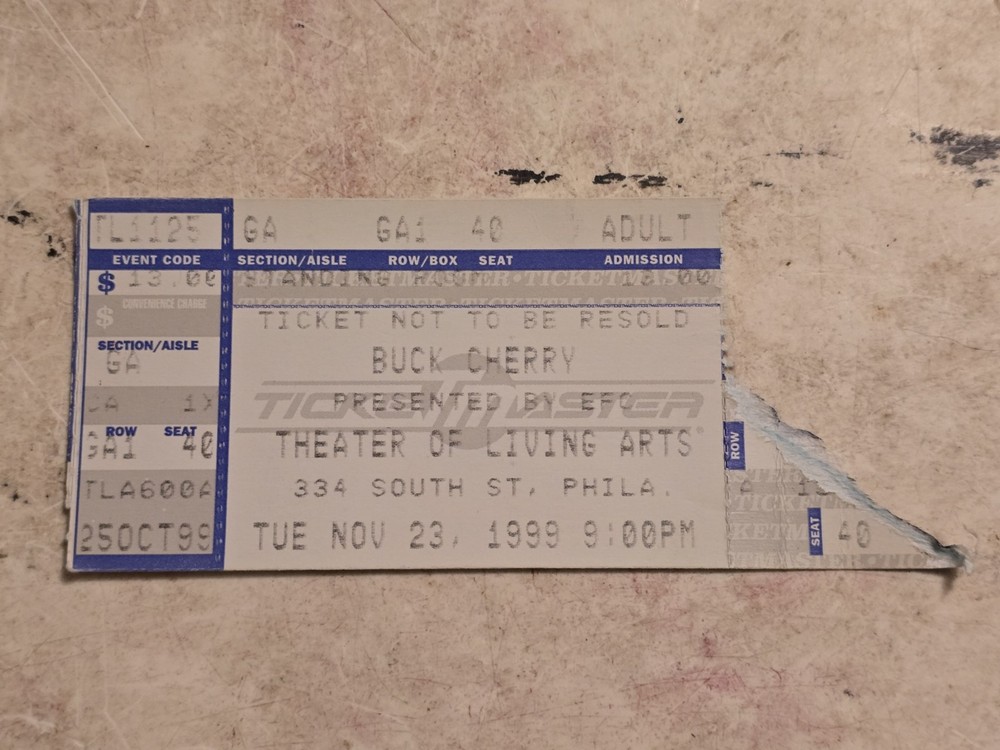 Original Buck Cherry Concert Ticket Stub Nov 23 1999 Living Arts Philadelphia PA