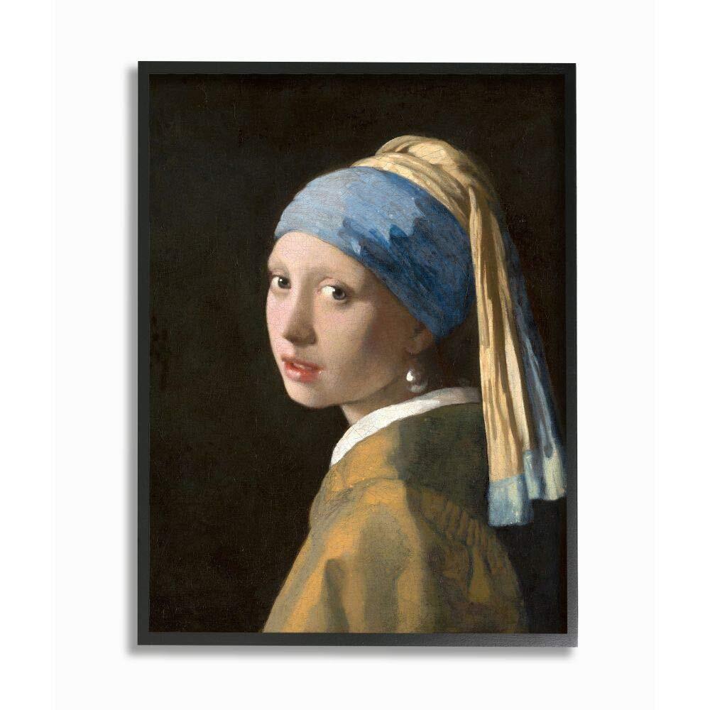 Girl with A Pearl Earring Classical Portrait Painting Black Framed Wall Art, ...