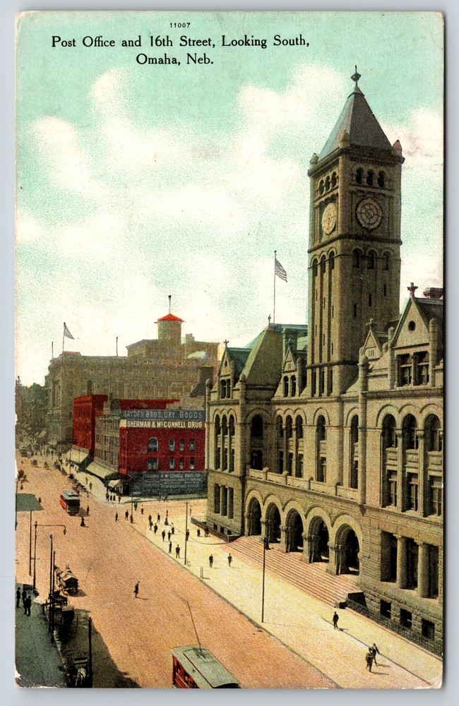 Omaha Nebraska~Post Office & 16th Street Looking South~Trolleys~Vintage Postcard