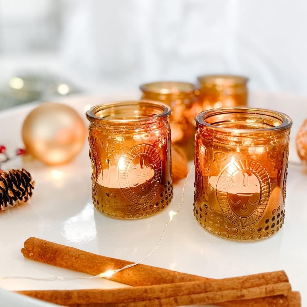 Vintage Amber Glass Tea Light Candle Holders Set of 4 - Votive Holders for Home