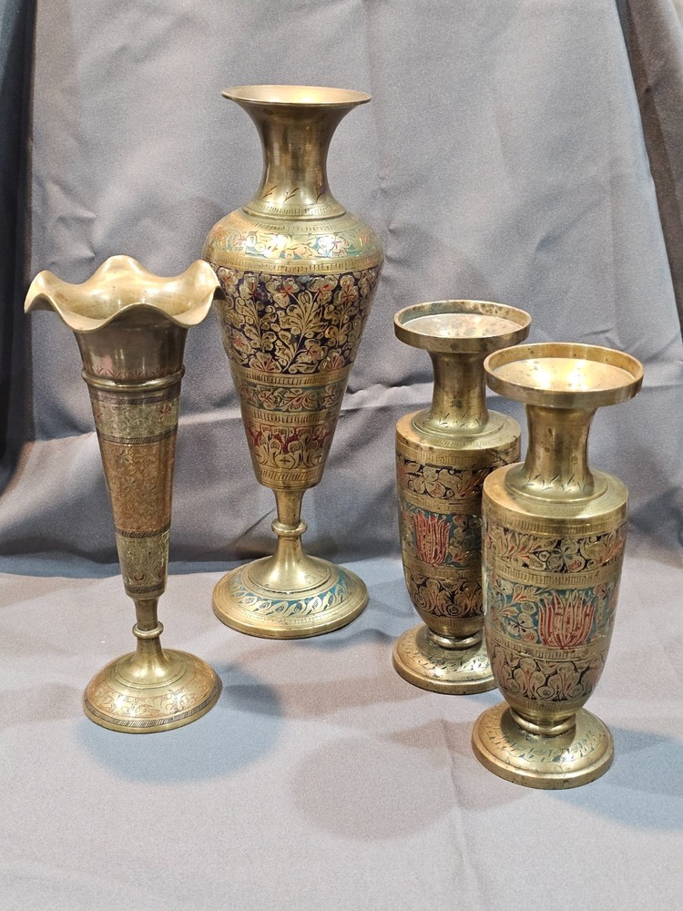 Indian Solid Brass Vase Lot of 4 with Intricate Floral Etching & Enamel Details