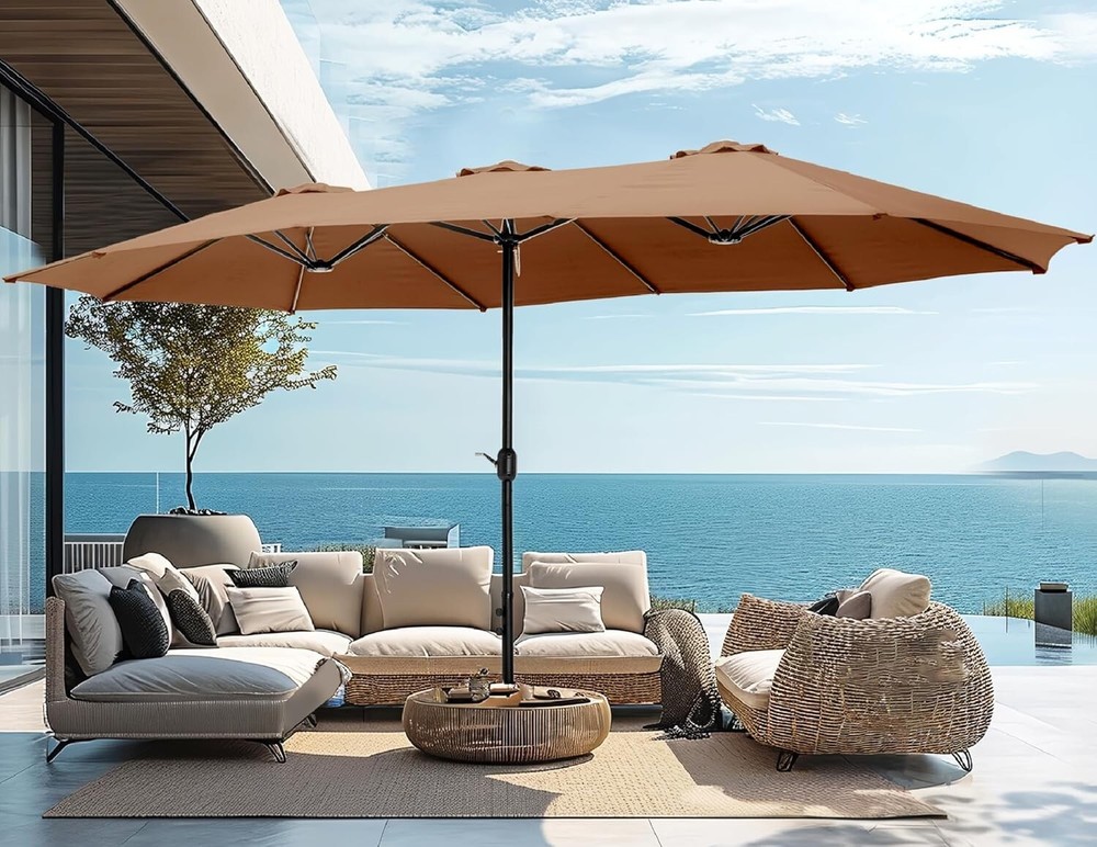 15ft Outdoor Patio Umbrella Market Umbrella Double-Sided Garden Umbrella w/ Base