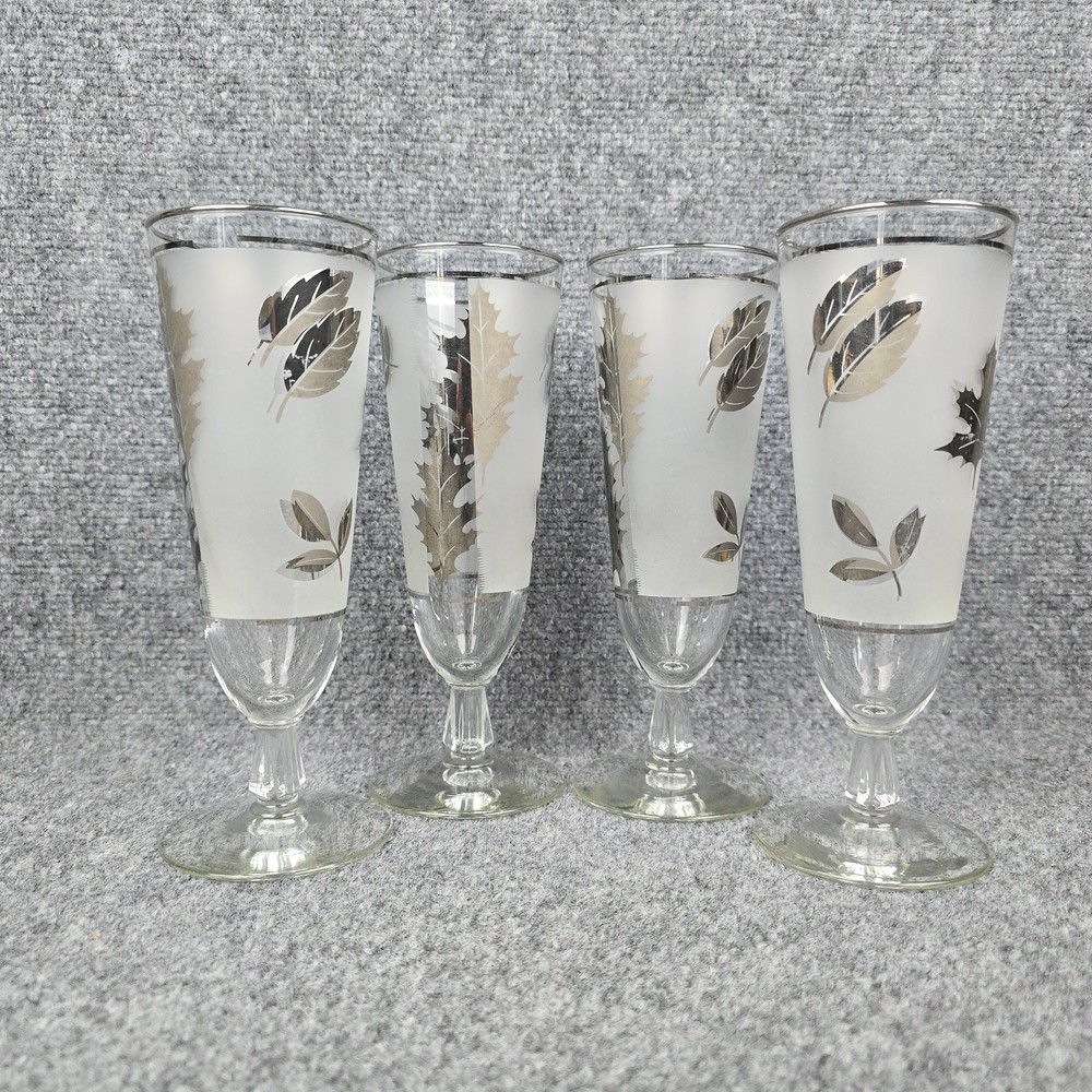Set 4 Libbey Silver Leaf Frosted Pilsner Glasses 8in MCM Barware 1960s USA