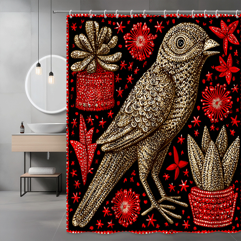 Bird Floral Print Shower Curtain Black Red Gold Decor