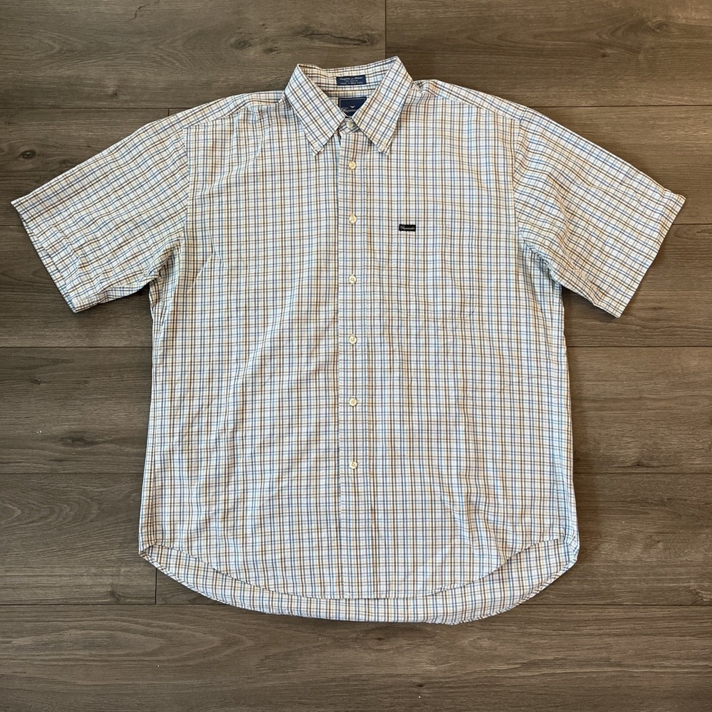 Faconnable Mens XL Button Up Short Sleeve Shirt Blue Brown Plaid