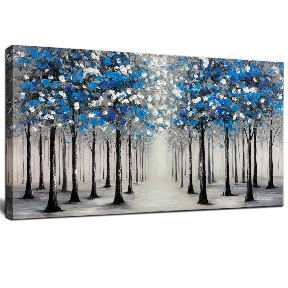 Large Forest Wall Art for Living Room Blue and White Trees Landscape Painting...