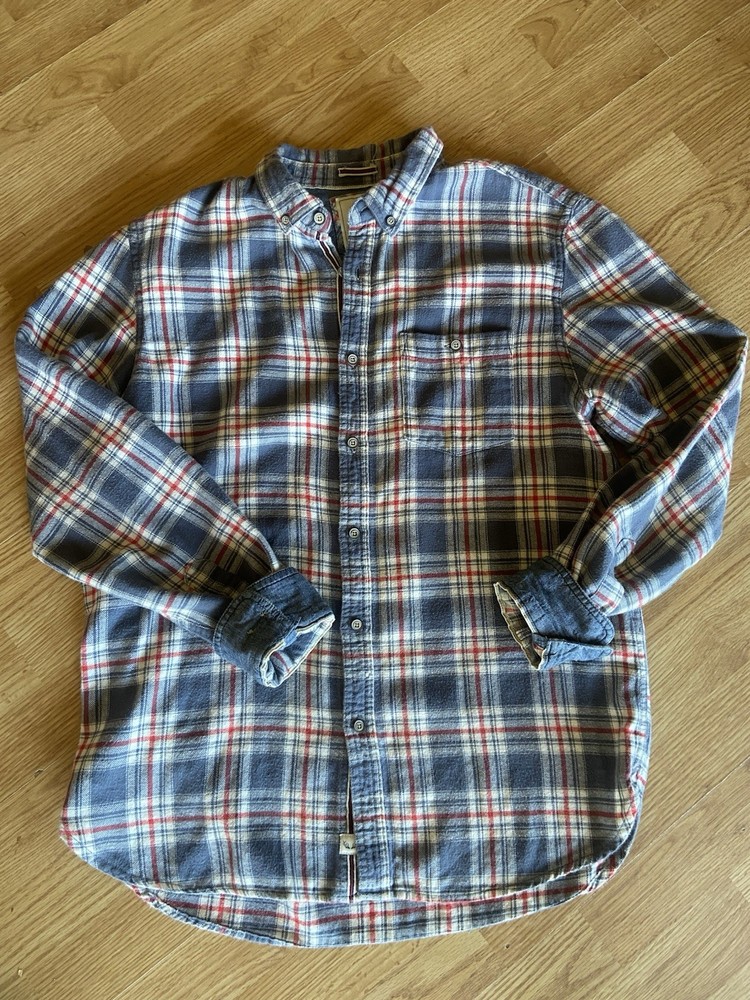 Denim & Flower Plaid Flannel Shirt Mens M Americana Coastal Grandpa Blue Gray