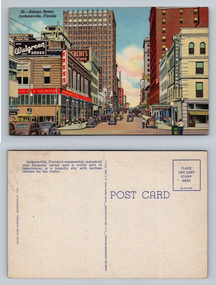 Jacksonville, FL-Florida, Busy Adams Street Walgreens Kress Vintage Postcard