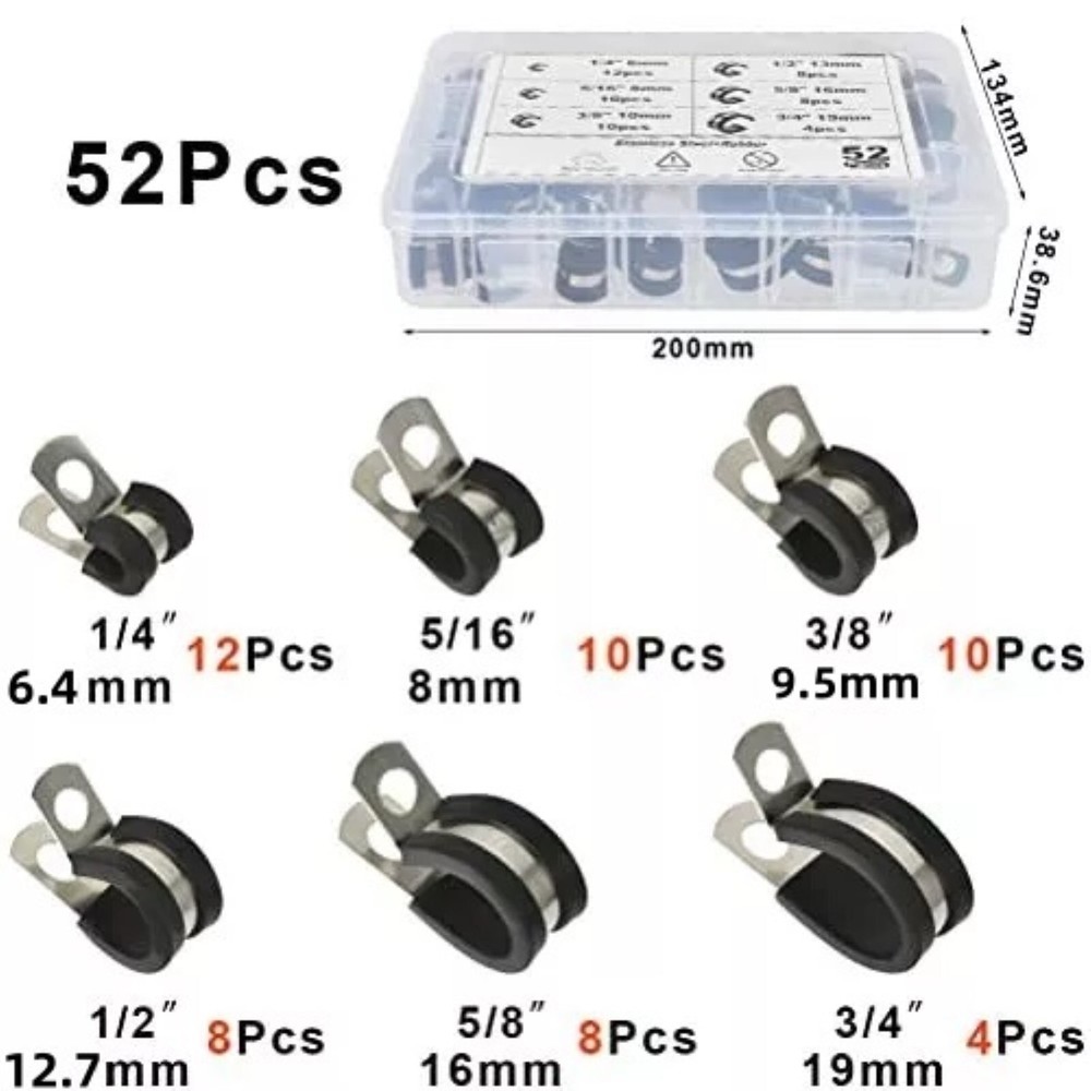 52x Wire Cable Clamps 304 Stainless Steel Wiring Pipe Assortment Kit Cushion