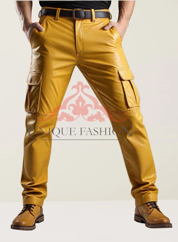 Men's Real Leather Yellow Biker Cargo Trousers Motorbike Fit Pants