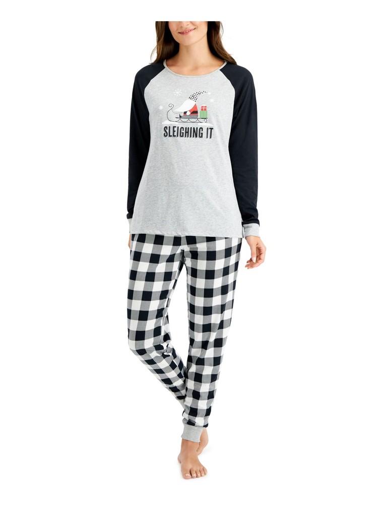 FAMILY PJs Womens Sleighing It Black Long Sleeve T-Shirt Top Cuffed Pajamas L