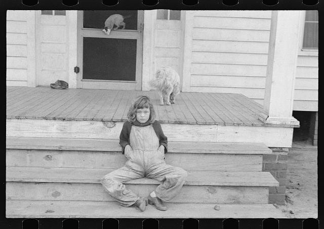 Photo:1930s Girl on Porch with Dogs House Exterior Photograph