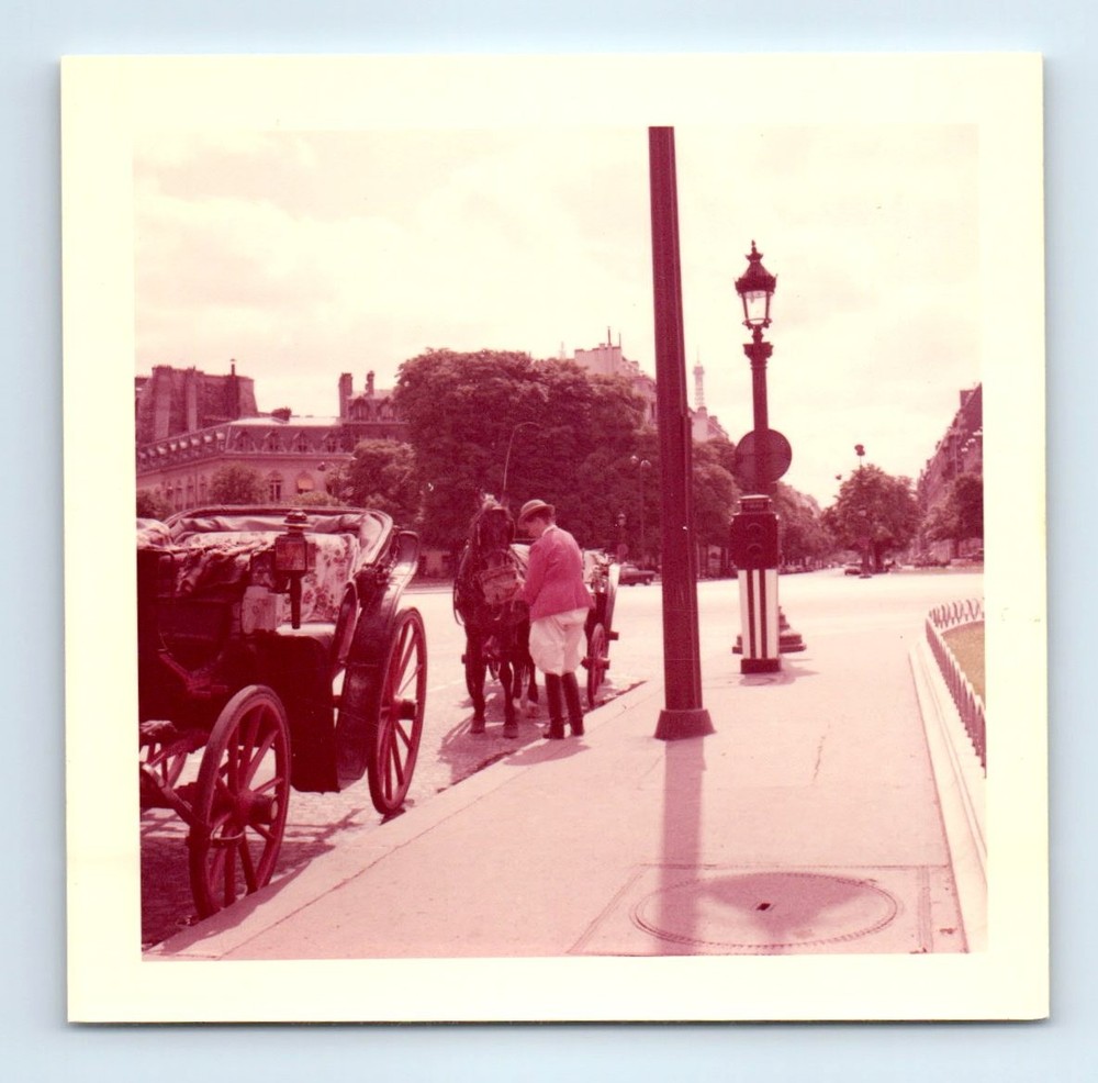 Old Vintage Square Color Photo PARIS FRANCE HORSE CARRIAGE STREET SCENE MAN