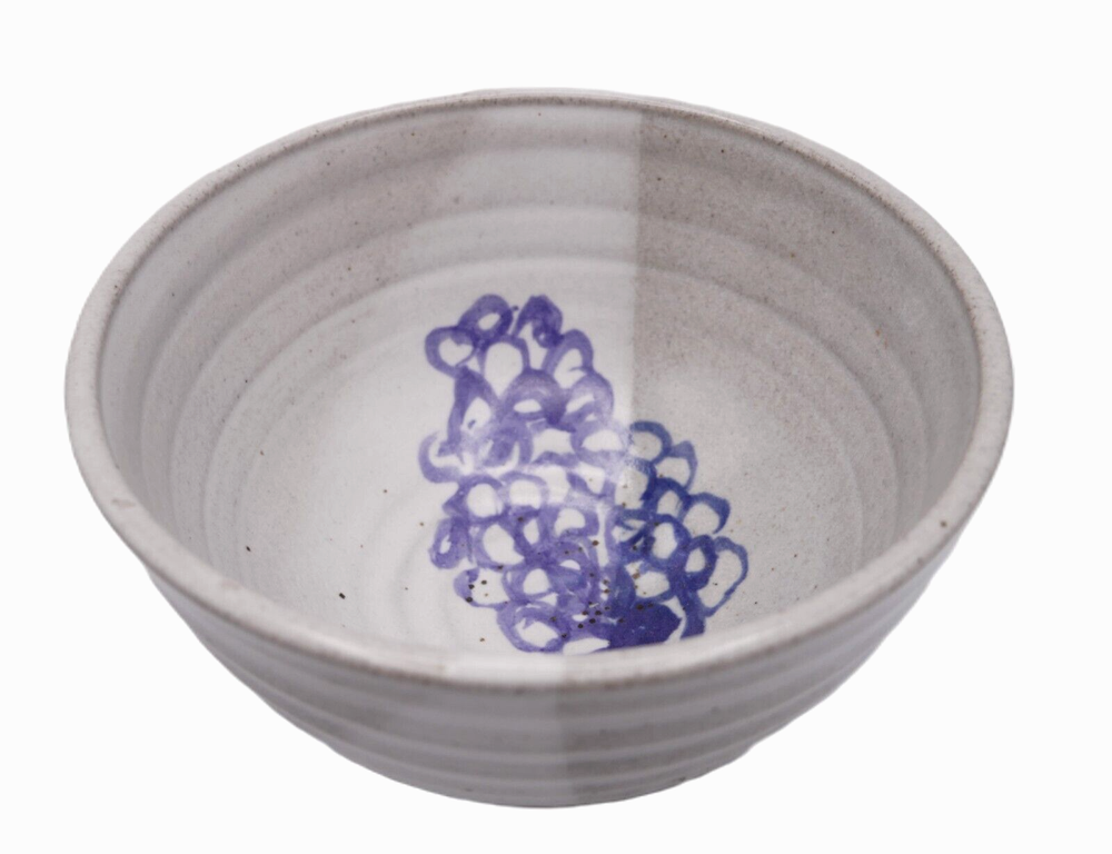 Studio Art Pottery Gray Stoneware Bowl with Hand Painted Abstract Grapes 8
