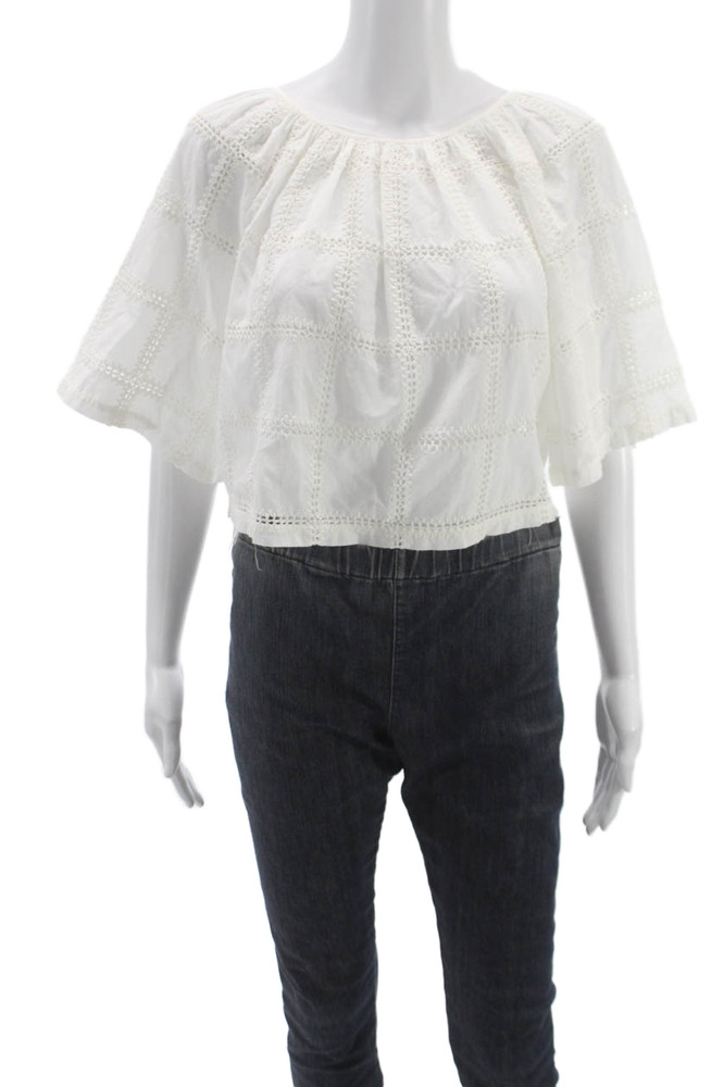 Johnny Was Women Cropped White CottonBlend Boat Neck Blouse Short Sleeve Size SFree Shipping in US $100+ Orders | $6.95 Orders Below