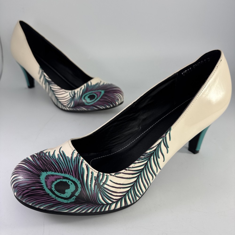 T.U.K Peacock Feather Anti-Pop Teal Aqua Round Toe Heels Sz 11 Rockabilly Pin Up
