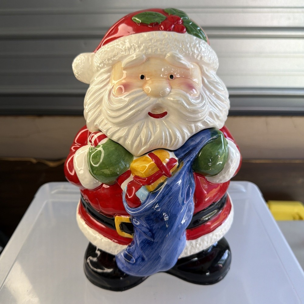 Vintage Santa Claus Cookie Jar Christmas Ceramic 12” Tall Blue Toy Bag With Box