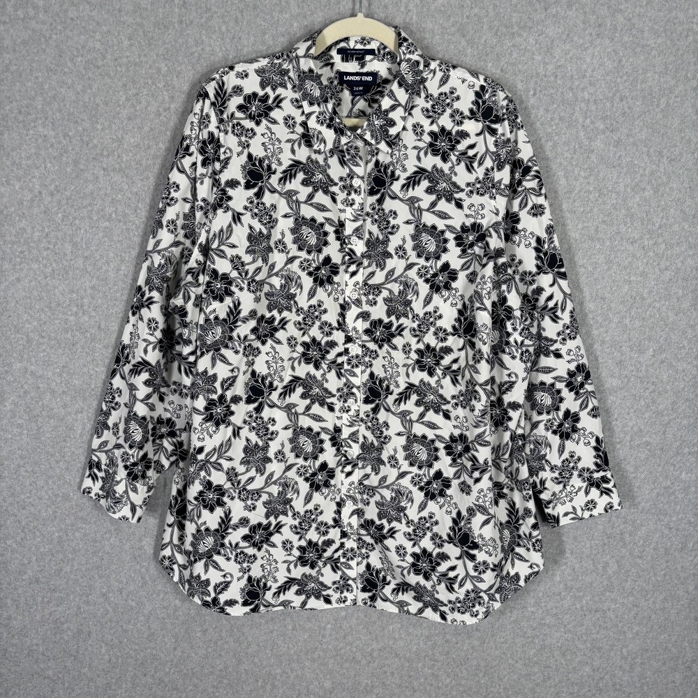 Lands End Shirt 26 Black White Floral No Iron Supima Cotton Tunic Casual Thin