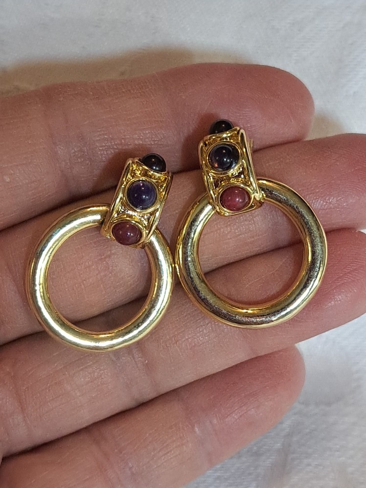 Vintage Gold Tone Cabochon Door Knocker Pierced Earrings