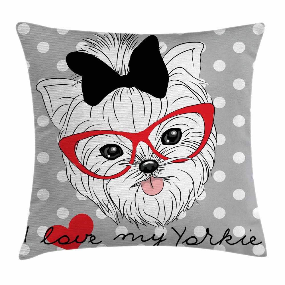 Yorkie Nerd Glasses Love Heart Square Pillow Cover 18 Inches