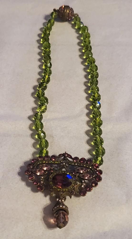 Necklace VTG Heidi Daus Amethyst Peridot Swarovski Crystal Pendant Necklace