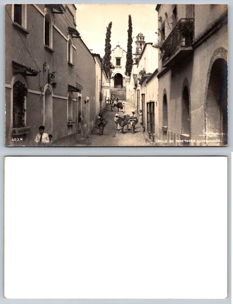 RPPC Calle de Tepetates Cuernavaca Mexico Street Scene Donkeys Church Vintage