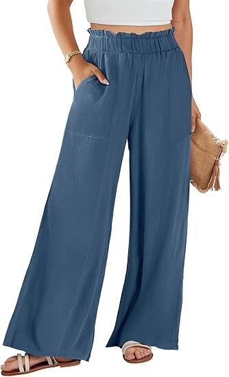 ANRABESS Women's Linen Wide Leg Pants High Waist Palazzo Trousers, Deep Blue, M
