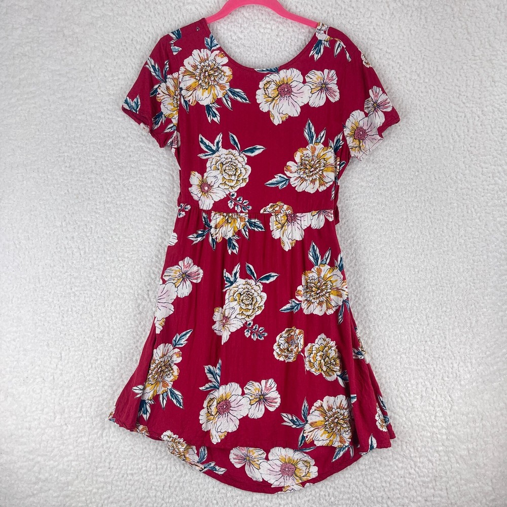 Roxy Dress Women's Medium Red Floral Open Back Cut Out Short Sleeve Boho