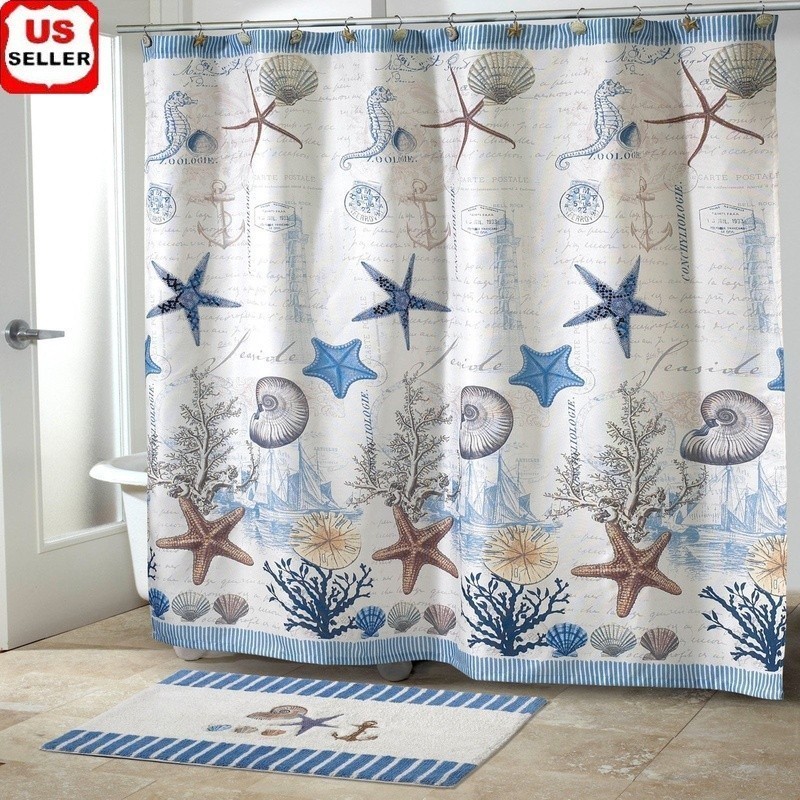 Antigua Beach Theme Shower Curtain Shells Seahorses Starfish Waterproof 70x72 US