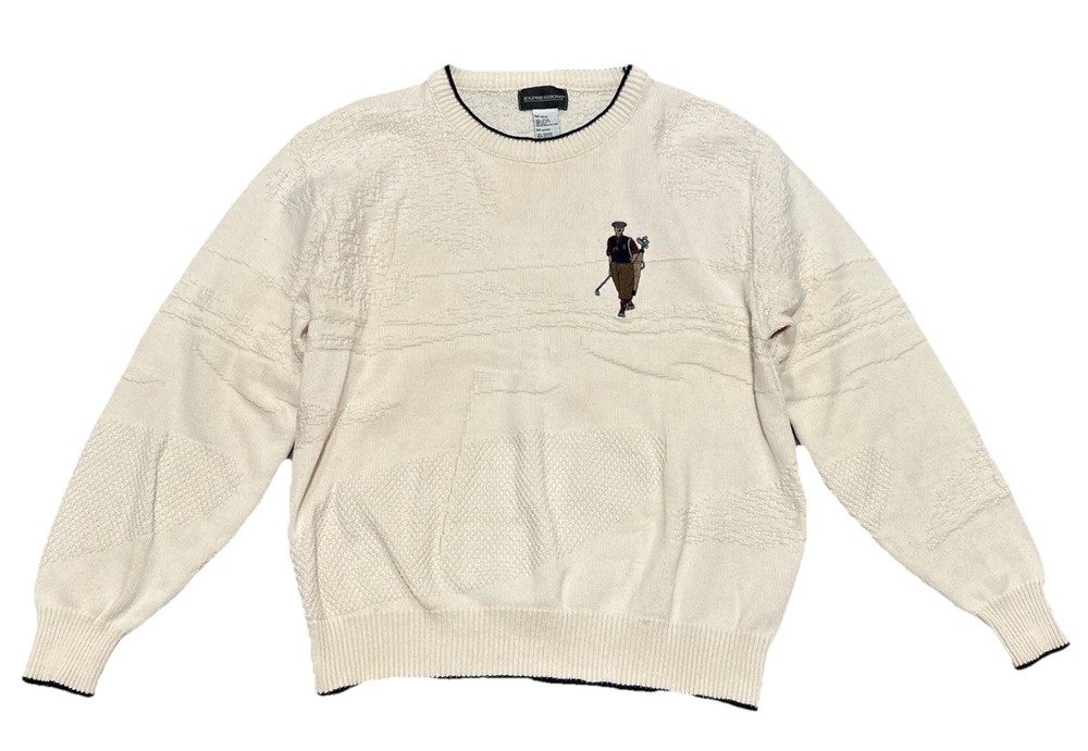 Vintage 90s Golf Sweater Men M Ivory USA Made Knit Cotton Old Money Preppy Club