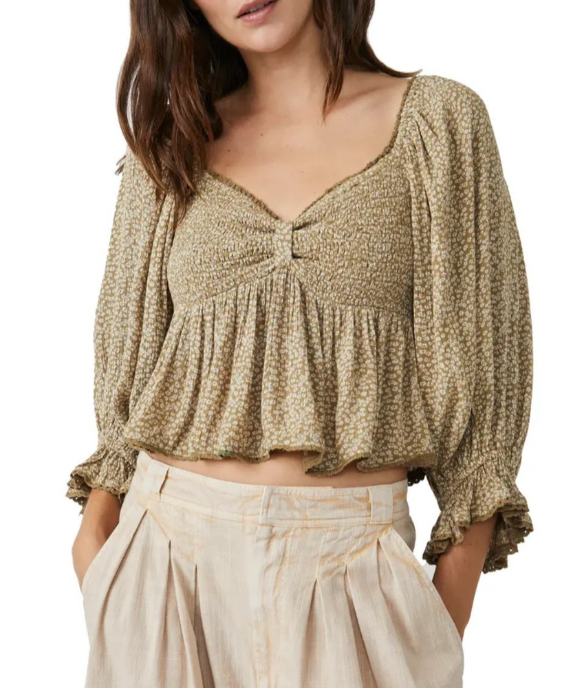 Free People Top Medium Brown Smocked Babydoll Peplum Floral Boho