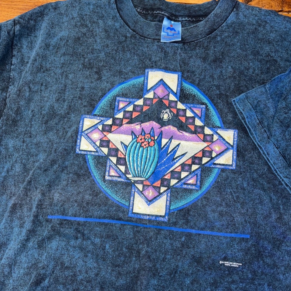 Vintage T-Shirt Men XL Blue 90s Southwest Cactus Acid Wash Single Stitch Tempe