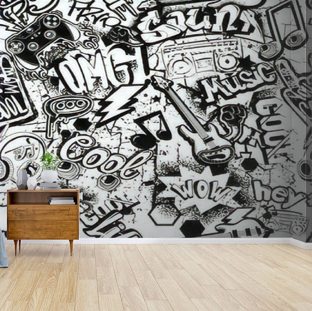 Wallpaper Canvas Print Abstract seamless black and white comics graffiti patt...-image