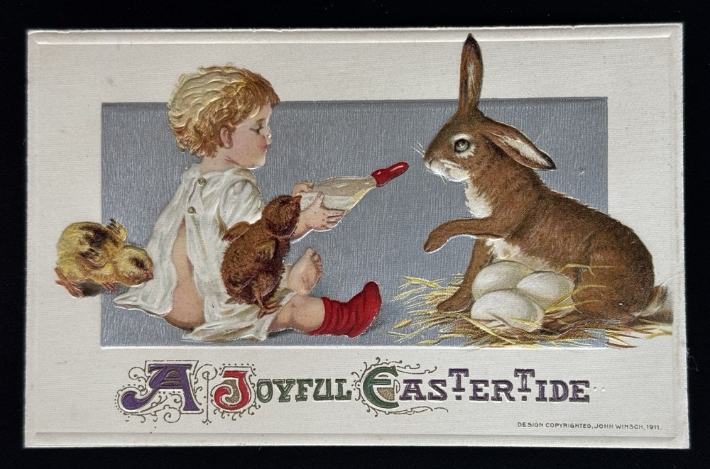 A Joyful Easter Tide Postcard German Bunny Rabbit Baby Bottle Chick Winsch 1911