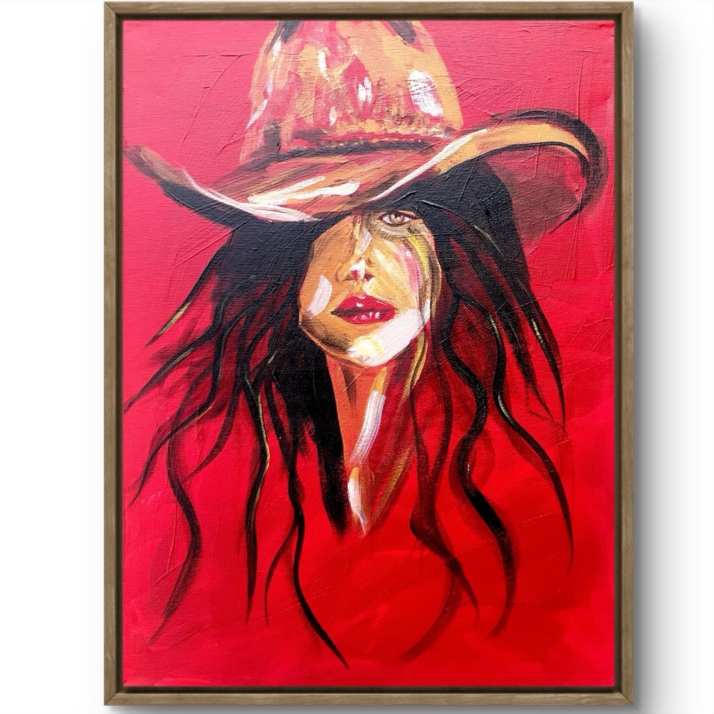 TITA PAINTZ Red Cowgirl Hot Hand Painted 12x16 Canvas Wall Art