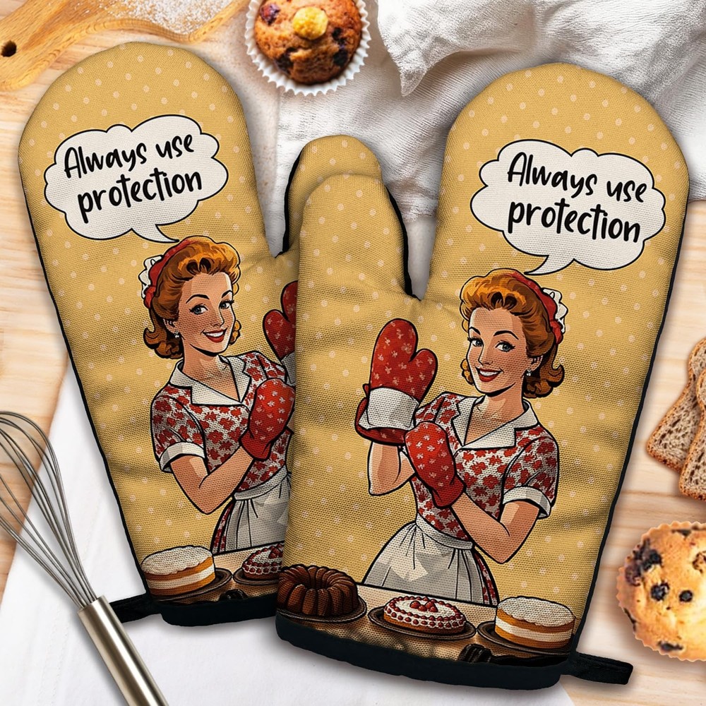 Always Use Protection Funny Oven Mitts 2-Piece Set with Silicone Non-Slip, Ho...